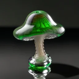 handmade glass art, a forest mushroom, the stem is made of clear transparent glass, small air bubbles and green glass stripes in the core of the stem, the shape is thick at the bottom and narrows at the top. The hat itself is made of purple clear glass where green fused glass is laid as a spiral from the middle outwards on top of the hat and is melted into the hat. The stem is set on a fused purple glass base with yellow glass stripes radiating from the center outwards. Placed in a window