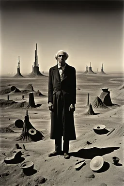 Foto di persone perse in un wasteland, macabro, Max Ernst vision