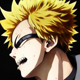 Detailed anime portrait of bakugo from my hero academia, gold hair and golden eyes, black suit, intricate details, full body portrait, keep head in frame, slight smile, black Japanese motif, concept art, highly detailed, digital painting, concept art, sharp focus, illustration, art by Yoji Shinkawa, WLOP and greg rutkowski and alphonse mucha and artgerm and yanjun Chen and Junji ito and Makoto Shinkai, HDR, octane render