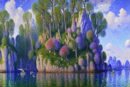 Big epic rock cliff, lagoon, alfred sisley impressionism painting