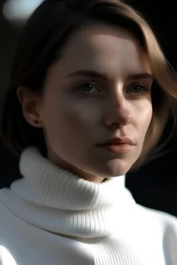 Close-up close-up of a woman wearing a beautiful white pullover. Her face half covered with the collar of the pullover. Outdoor scene with natural lighting.