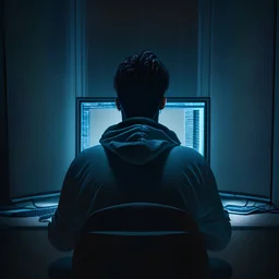 an super realistic style of computer geek sitting in front of a power computer screen in a tidy and modern dark room. don't show face, view from back, high quality, super realistic, man, don't show face. screen showing "Google log" in the middle