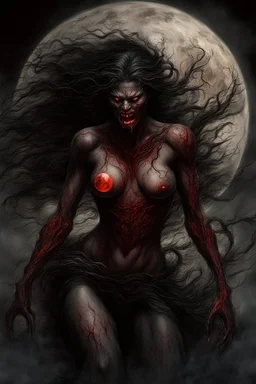 A dramatic digital painting portraying a horror monster under the Red Moon, veins pulsing, claws of temptation visible, soul in turmoil. In the style of Luis Royo and Boris Vallejo, vivid colors, swirling brushstrokes, highly detailed, 8k resolution, surrealistic., juicy emotions, painting, gloomy fantasy, gloomy day, dark world, portrait, oil and graphite, wide strokes, a weaving frame around, by Ryohei Hase, Agnes Cecile, Raymond Swanland, Anne Bachelier