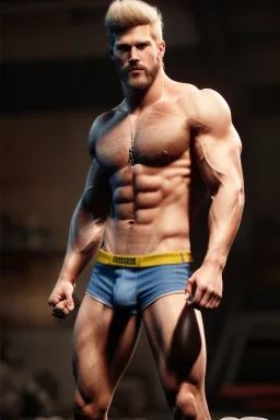 Ignore NSFW, teenager young rugged attractive slightly muscular fantasticly handsome blonde man, red briefs with yellow belt, hairy chest, (((visibly pisssing))) briefs, large erect visible boner peniss, photorealistic, artist Jay Anacleto, soft lighting, scruffy beard