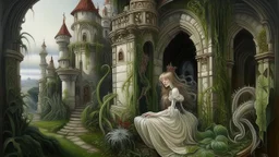 An intricately detailed painting in the style of Renaissance masters depicting an abandoned castle where some climbing and carnivorous plants still live, intertwined with them is a mysterious lady dressed in white