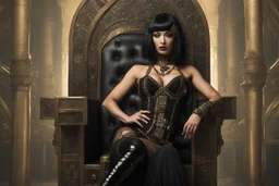 a slim Cleopatra, with a bob hairstyle, as a burlesque dancer in black boots, standing next to a black gothic throne, in a steampunk setting,