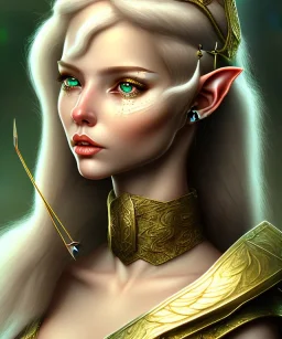 Archer elf female, 90-60-90 high detail, High definition, long gold hair, crow from white gold, emerald choker