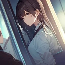 anime girl is looking at her reflection in the mirror.the reflection is the opposite of what she is in reality