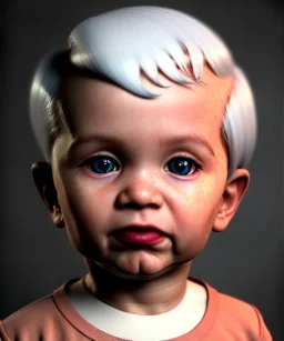 Pedro almodovar toddler, full body, white hair, dramatic lighting, hyper realistic