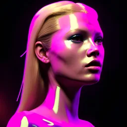 young kate moss, sweet blonde replicant woman, blade runner style, rain, fog, neon ambient, gradient color, clean skin, circuits, latex coat, cyber punk, neon, tubes, portrait, studio photo, unreal engine 5, smooth color, 16 bit, god lights, ray tracing, RTX, lumen lighting, ultra deatail, volumetric lighting, 3d, finely drawn, hd.