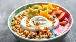 A breakfast bowl featuring a whimsical arrangement of fruits, nuts, and granola. The yogurt base is dyed with natural colors to create a gradient sunrise effect, topped with star-shaped kiwi slices and edible glitter. Award-winning photograph, beautiful composition, exquisite detail and illumination