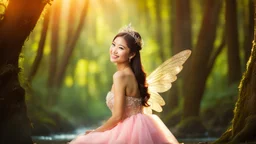 A gorgeous smiling Asian model in a fairy outfit with great glittering wings in a magic forest with 1000 y/o trees, a small torrent, sun rays through the branches, particles in the air at dawn