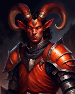 tiefling male, dark hair, wide jaw, red skin, wearing full plate mail armor covering his body, medium sized orangish ram horns, looking at camera, angry look, realism, painting, night, fantasy, pathfinder style