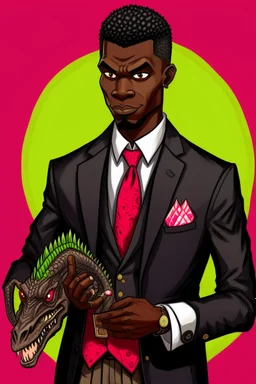 Dashing black man in a suit, holding a deck of cards. There's a young fey dragon with him.