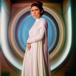 Hyperrealistic, 8k centered photographic portrait of [[Carrie Fisher as Princess Leia in Star Wars]], leica, 35 mm, technicolor, natural colors, telephoto, 24 mm, portrait photo by Annie Leibovitz, film, studio lighting, detailed skin, ultra realistic, bokeh, sharp features