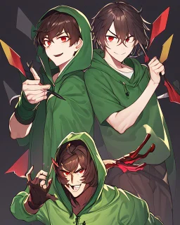 Short brown hair, red eyes who wears a green blouse open with its hood, holds a bright red knife, Smile insanely and very angry, Aspect that shows that the character is a villain, Aspect that shows that the character is a villain, dark background Very dark, and HQ Manga style He is a man but resembles a woman.