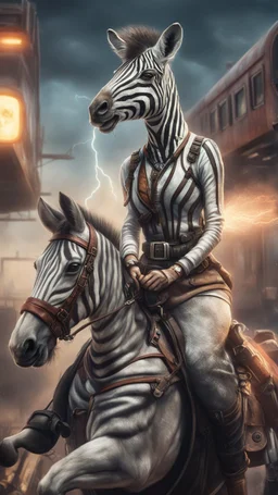 hypnotic portrait of a zebra yoga instructor on a horseback and flashy magazine cover illustration, fallout 4 docks setting, horror weird cowboy wizard cyberpunk weasel in female garments on top of train ,holding dynamite, getting hit by lightening electric arc, with big disturbed eyes,bokeh like f/0.8, tilt-shift lens 8k, high detail, smooth render, down-light, unreal engine, prize winning