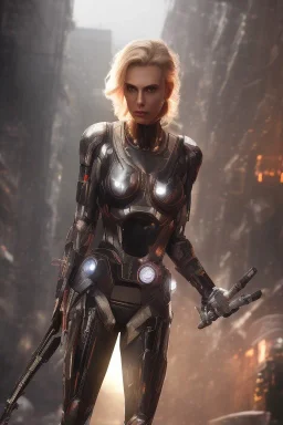 portrait full body, robot scifi with face charlize theron, cyberpunk city, intricate, many lights in body, eyes lights, highly detailed, highli quality, 8k, volumetric lighting