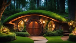 hobbit home in the woods surrounded by trees, night, hobbit-style circular door with central knocker, circular hobbit-style windows looking in onto warm wood furniture, cozy feeling, hobbits, home has green grass roof, lanterns, starlight, quaint, homely, inviting, LOTR, Tolkien