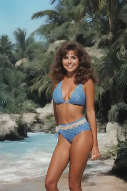 full color, full body portrait, smiling 18-year-old Dawn Wells from Gilligan's Island with (((Brown Hair))), (((blue eyes))) bikini, 32k, UHD, Professional Photo -- Botany - Starry - Retro Pop - Dark Fantasy - Horror - Festive - Realistic - 32k, UHD, professional quality, 8 x 10 digital photograph