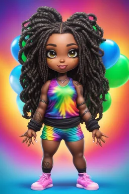 Create an airbrush image of a chibi black curvy female wearing a tie dye yoga outfit. Prominent make up with hazel eyes. Highly detail asymmetrical dread locs. background of colorful large ballons 2k