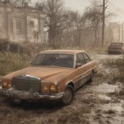 an abandoned 1990 Mercedes rust 2-door overgrown by with dust ,ultra realistic,concept, 4k ,on street,8k resolution, high-quality, fine-detail, parked in crowded city winter