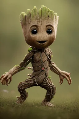 Groot toddler, mustache, full body, bokeh, hyper realistic