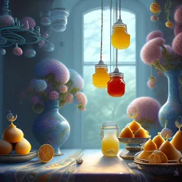 pixar style, realistic painting of women in dress and a jar jam marmelade in kitchen,volumetric blue sky environment and background, volumetric lighting,dramatic lighting, detailed digital painting, extreme dense and fine fur, anime, ornate, colour-washed colors, elegant, small minutiae, tiny features, particulars, centered, smooth, sharp focus, renderman gofur render, 8k, uhd, detailed eyes, realistic shaded volumetric lighting,caustics,backlight, full body