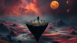 one alone human stands on deep dark colors little floating island. the island with alone human floatings over colors landscape . normal neurotipical lifes contrast the weird inner world with neurodivergens soul and mind,, Whimsical strange style of Chagall, of Bosch of giger and Anton Semenov. weird absurd beauty nightmare, in background neuronic network and with many little humans on eart, Whimsical surreal vibe, cinematic