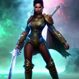 Full body, fantasy setting, heroic fantasy, woman, dark skin, Indian, 20 years old, half-hawk haircut, magician, warrior, hourglass body shape, bicolor hair, muscular, cinematic, Arabian clothes, insanely detailed