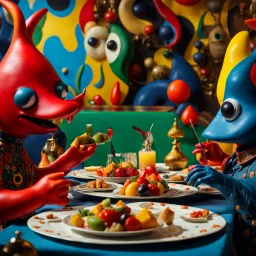 Close-up shot of ultra realistic odd monsters dining, vivid, ultra realistic, Joan Miró, hypermaximalist figures, light, Italian 1970's odd movie, hilarious, Minicavio Quollati style, photography by Marlost Endgulp, ornate, 4k, photorealism, dadaism