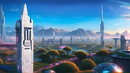 Solar punk futuristic world, futuristic sci-fi buildings with neon saber lights, Vibrant grassland, sunrise from river, bridge on the right, realistic