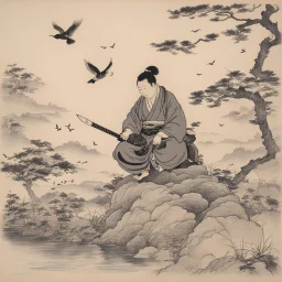 An ink drawing on paper of Hotei watching fighting birds, by Musashi.