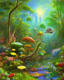 venus fly trap, flowers, jungle, impressionism, daylight, trees in background, dragonfly,