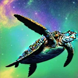 Digital art of a wise turtle, background = galaxy, stationary,