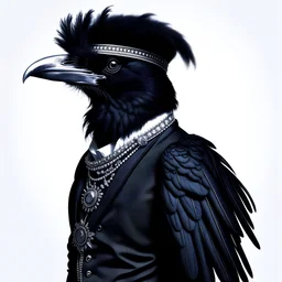 Portrait of a raven in a tuxedo, baroque, detailed feathers