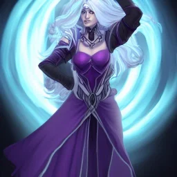 Female Aasimar Warlock dungeons and dragons character, spy, flowing white hair, glowing eyes, purple eldritch energy