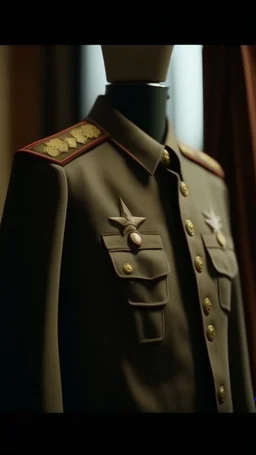 A hyperrealistic shot of a general military suit hanging on the wall , intricate details, soft natural light, screen captured from 4K Blu-ray