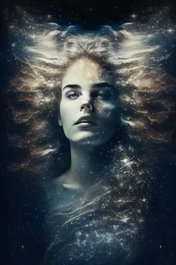 Kobieta Piekna polaczony z kosmosem I muzyka portrait of a powerful, celestial figure, with flowing, star-studded hair and eyes. Double exposure technique