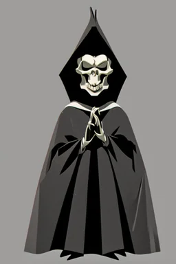 1950s goofy vinyl toy of skull face character wearing a black hooded cloak, drawn in a early animation rubber hose animation style, inside a diamond shape on a black background, monochromatic