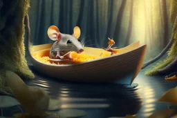 strong mouse in cheese boat, in monlit forest by stream, book illustration, fine detail, 4k, trending, volumetric light, depth of field