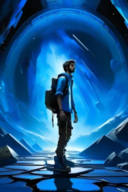 Imagine a mysterious man with a ripped six-pack wearing baggy cargo pants. Above his head, a glowing blue halo adds an otherworldly aura. The scene is set in a mysterious environment with subtle shadows and a hint of smog, adding to the enigmatic atmosphere.