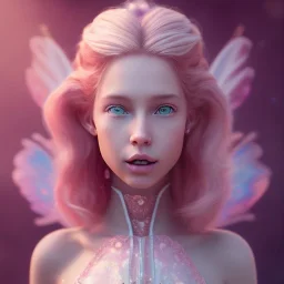 a pink castle, a cheerful fairy in front, big smile, pink, blonde hair, beautiful, whole face, whole top hair head, wide open blue eyes, transparent wings onn the back, hyperrealism, masterpiece, expert, cinematic lighting, sharp focus, 8K, pastel, macro lens, woman, detailed, flower