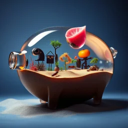 epic surreal photograph, floating glass pig that is a vibrant cross section educational sand 'ant farm' inside, metaphorical, unsettling, fantastically sophisticated