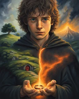 A dramatic, cinematic illustration of Frodo Baggins from "The Lord of the Rings," holding the glowing One Ring in front of him with a solemn expression. He wears a dark cloak, standing against a shadowy backdrop. Emerging from his chest is a surreal, split landscape: on one side, the peaceful Shire with lush green hills, hobbit holes, and a large tree; on the other, a fiery wasteland with Mount Doom erupting, lava flowing, and a dark army marching toward the volcano. Using rich textures and moo