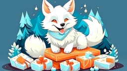 fantasy cartoon style illustration: happy Arctic white fox wraps Christmas gifts.