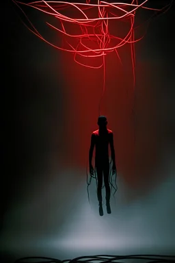 A man, far away, side view, hangs dead from 8 red cables that are connected to his body (neck, arms, torso, legs). there's no floor, he's in a limbo, with mild fog at the bottom of the image. overall it's dark, behind him there's some light to give some contrast, but not much, some sort of light tunnel, but it's very dim. there's a reddish tonality overall. the 8 red cables are high in contrast. the man has barely any color, almost monocolor. give it a "movie poster" style