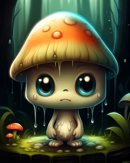 A melancholic kawaii mushroom with a tiny, frowning mouth and big droopy eyes, sitting on a mossy log in a quiet and peaceful forest, lost in its own thoughtsto add personality