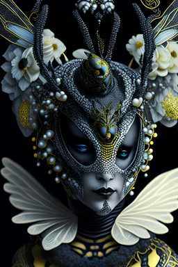beautiful wasp portrait, textured detailed bioluminescence black and yellow wings adorned with renaissance style silver and black and white pearls, and black diamond headdress and masque, white and black and yellow florals, organic bio spinal ribbed detail of detailed creative rennaisance style light blue colour florwers by moonlight background expressively, extremely detailed hyperrealistic maximálist concept art