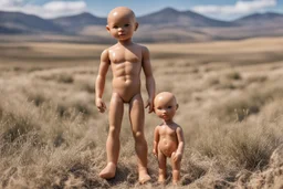 Naked plastic boy dolls that are all over the plains and hills. like oil painting